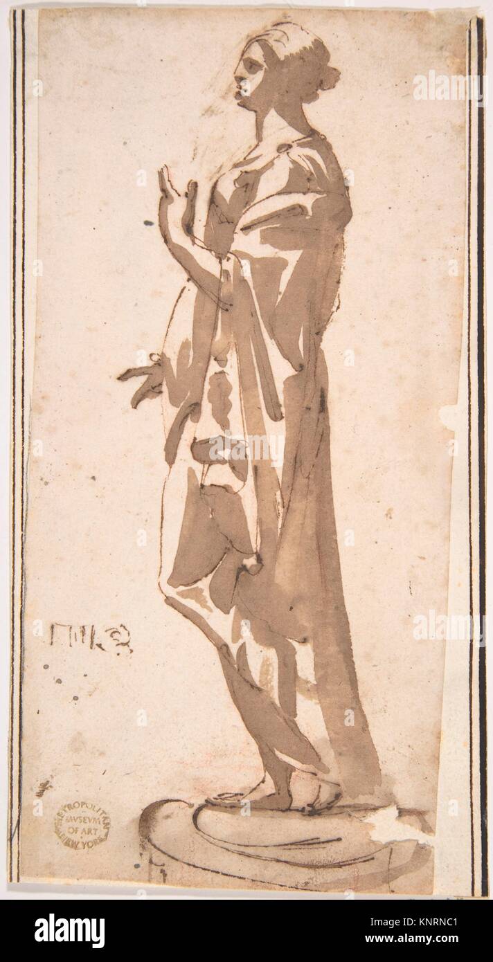 Statua di un drappo figura femminile. Artista: Anonimo, italiano, XVII secolo; Data: xvii secolo; medie: Penna e inchiostro bruno, spazzola e lavaggio marrone; Foto Stock