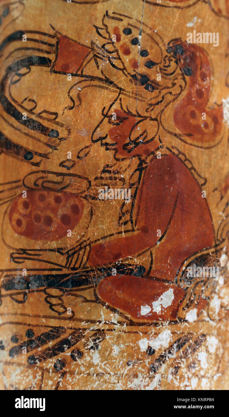 Mesoamerica. Maya art. Recipiente cilindrico. Il Messico o il Guatemala. 600-900. Museo di Cutures del mondo. Barcellona. Spagna Foto Stock