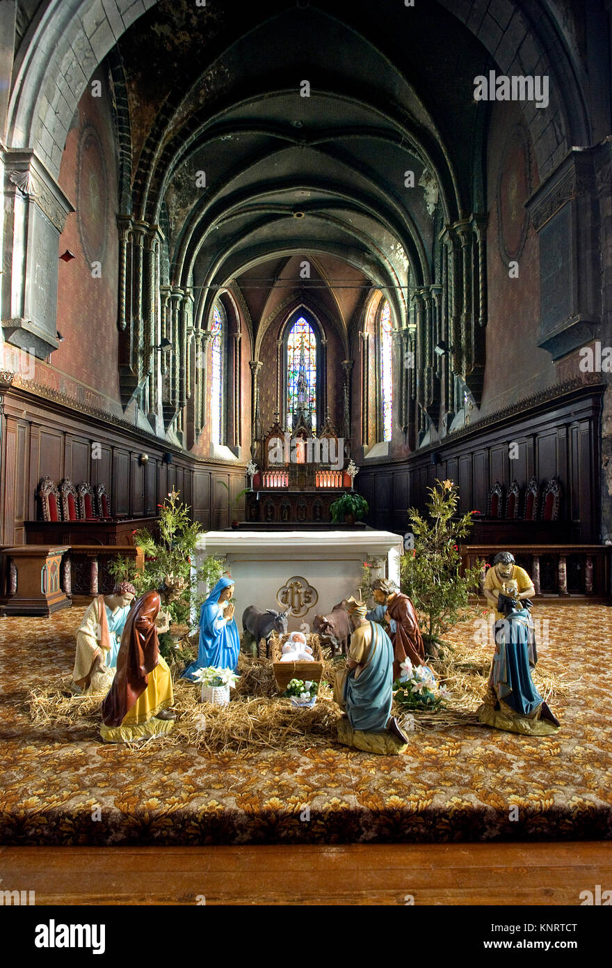 Presepe nella chiesa Collegiata di Saint-Nicolas d'AVESNES-SUR HELPE (Francia settentrionale) Foto Stock