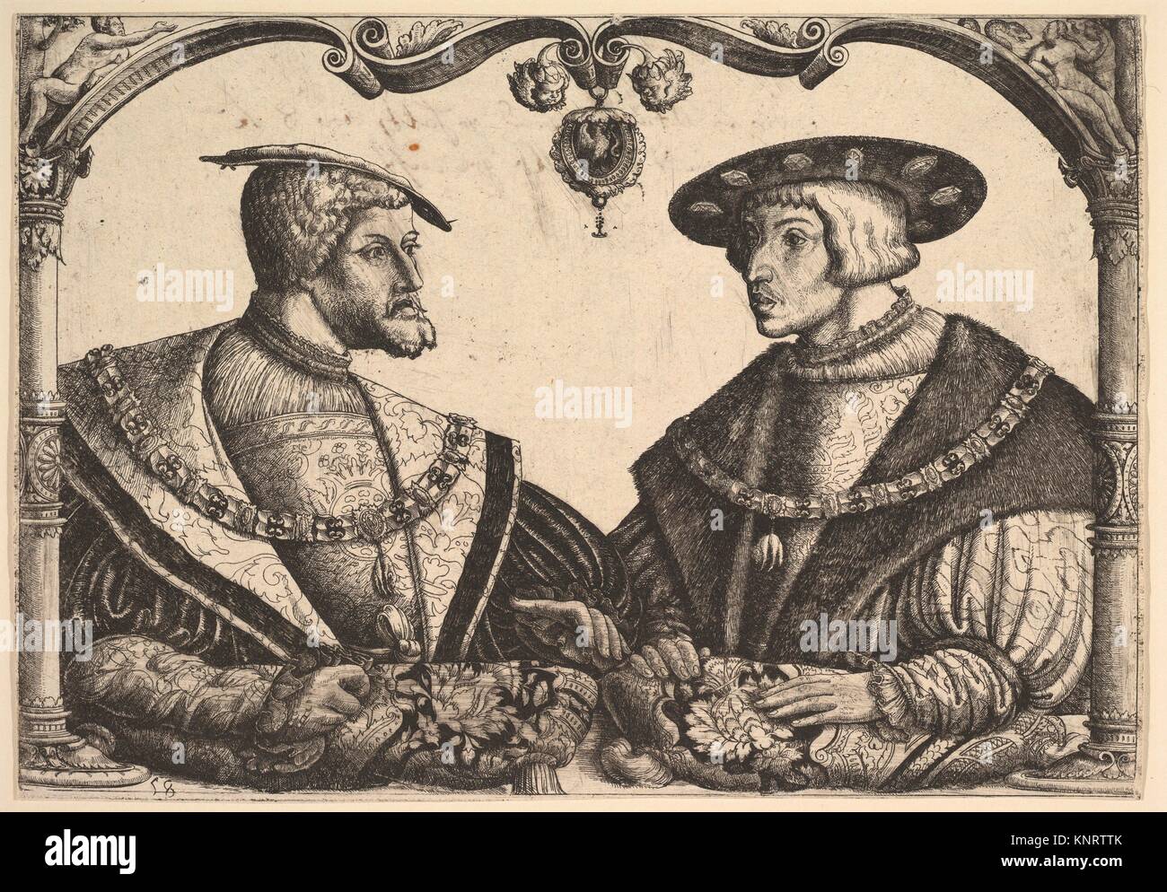 L'imperatore Carlo V e Ferdinando I. Artista: Conrad Baur (tedesco, attivo 1517-32); data: 1518-30; medie: incisione; dimensioni: foglio: 7 5/8 x 10 7/8 Foto Stock