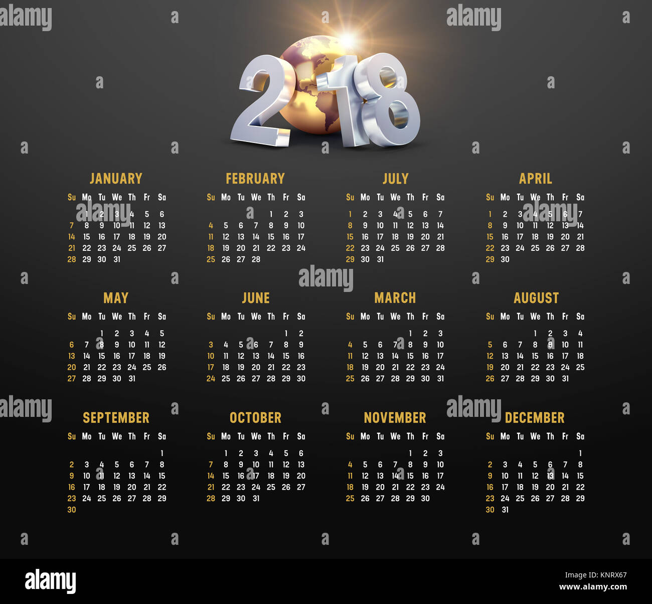 Anno 2018 Calendario d'oro su sfondo nero a partire da domenica Foto Stock