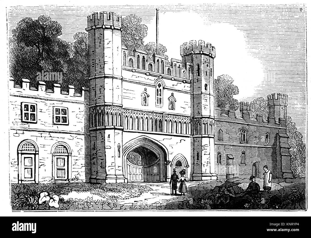 Il gateway alla Abbazia di Battle, una parzialmente rovinato abbazia benedettina in Battle, East Sussex, Inghilterra. L'abbazia fu costruita sul luogo della battaglia di Hastings e dedicata a San Martino di Tours. Foto Stock