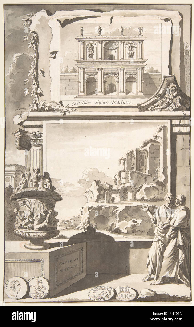 Questa illustrazione di Jan Goeree raffigura una ricostruzione del Castellum Aquiae Martiae in cima e una vista delle sue rovine sottostanti. Il disegno utilizza inchiostro a penna e nero, pennello e lavaggio marrone, su tracce di gesso rosso e nero. Foto Stock