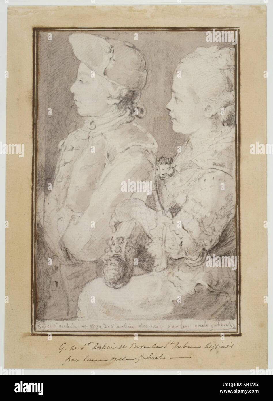 Questo disegno raffigura i fratelli Germain-Augustin e Rose de Saint-Aubin, mostrando le loro espressioni facciali, la postura e la dettagliata tecnica a matita dell'artista. Foto Stock