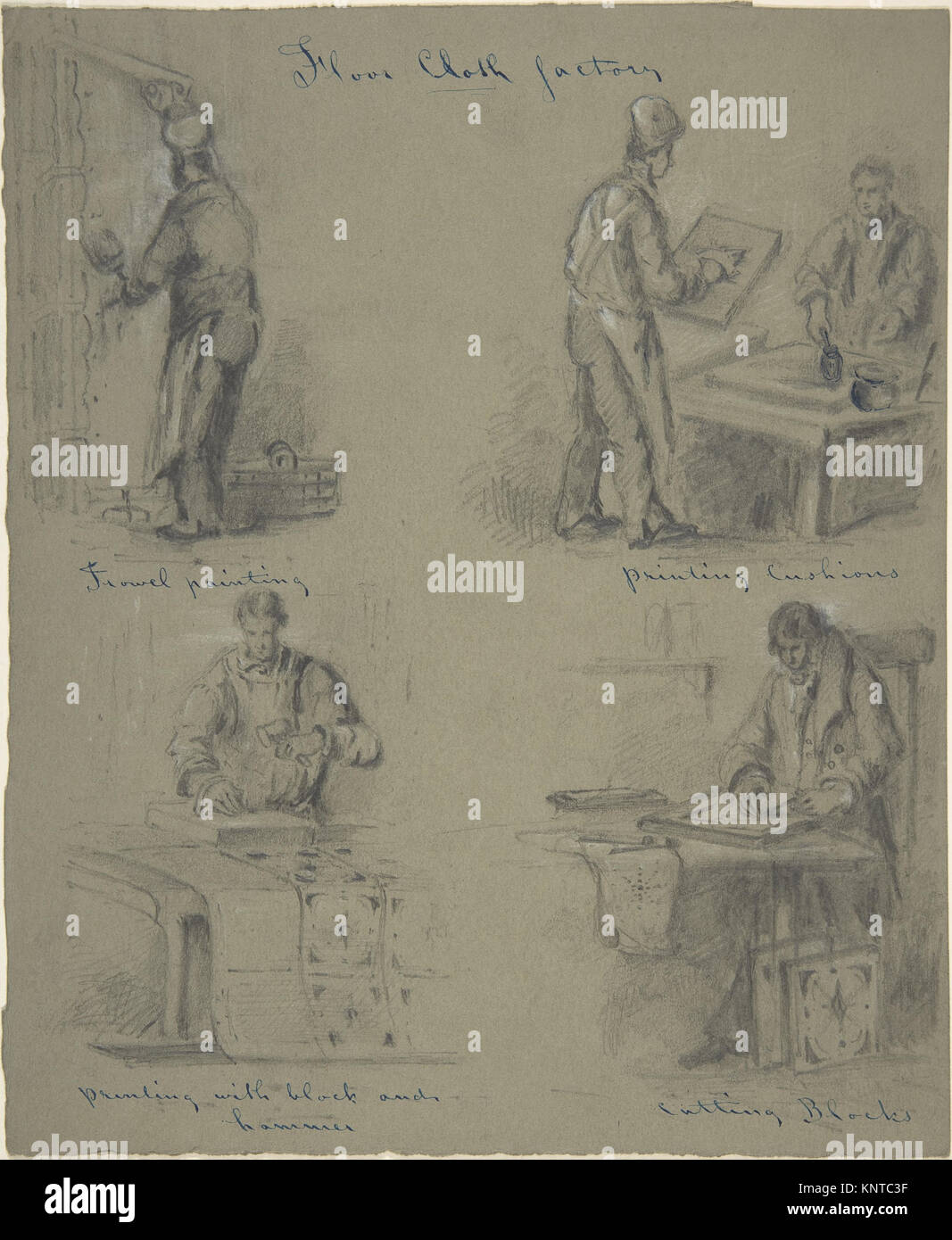 Questi disegni britannici del XIX secolo raffigurano il processo di produzione di tessuti per pavimenti, utilizzando grafite, gesso bianco, penna e inchiostro su carta grigia. Foto Stock