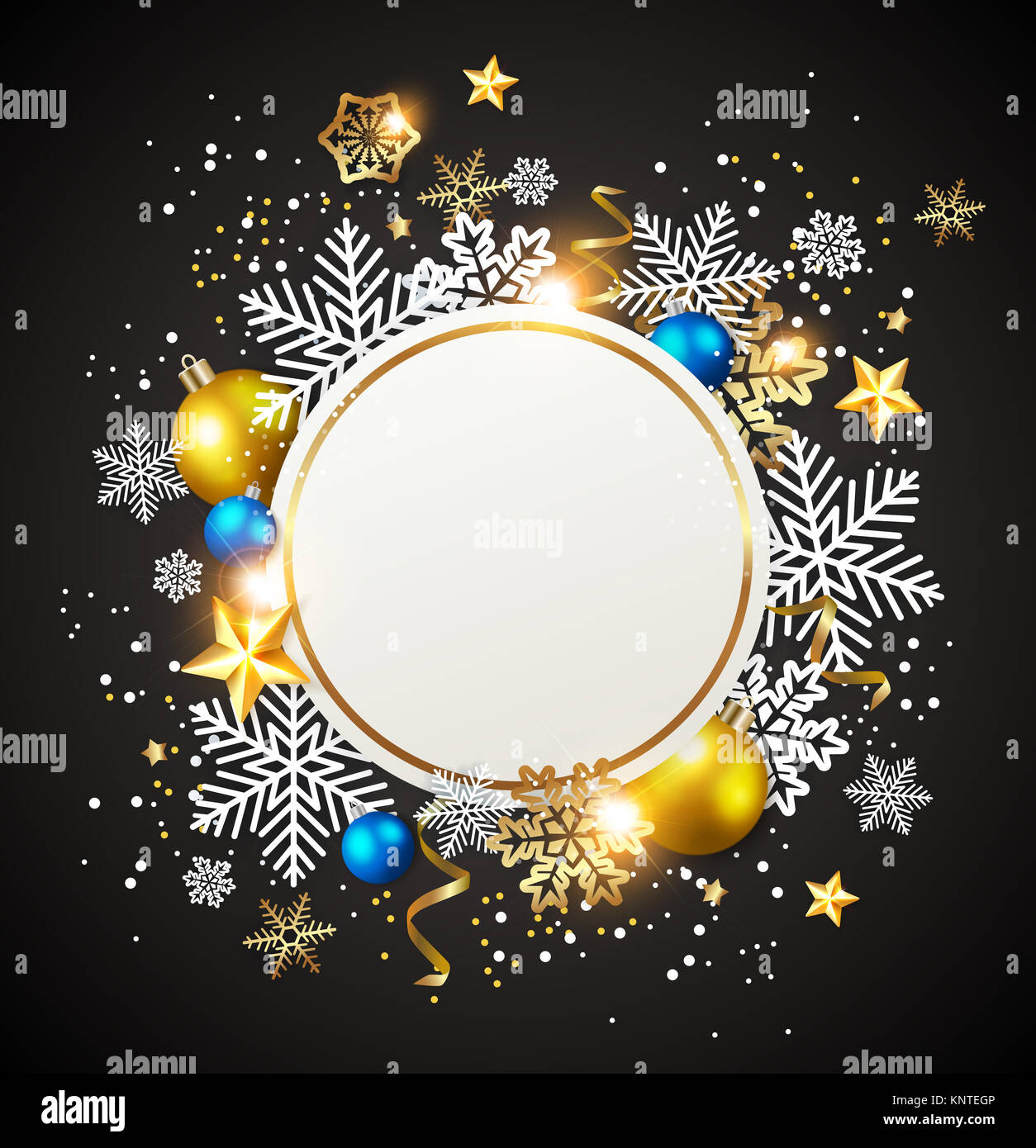 Abstract Natale round banner. Fiocchi di neve bianca e decorazioni dorate su uno sfondo nero. Foto Stock