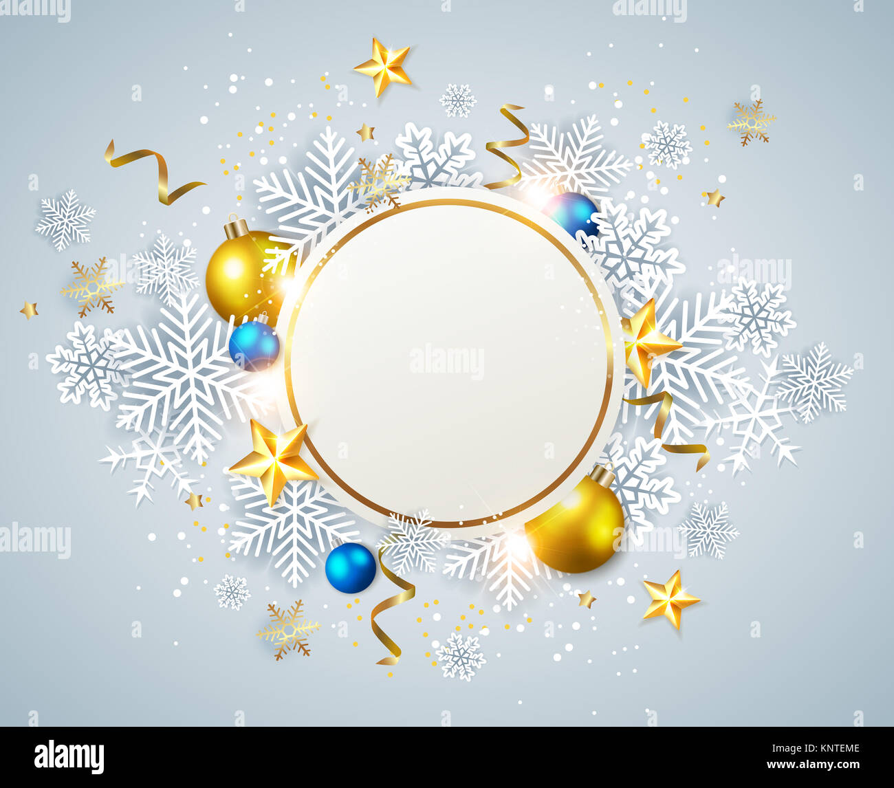 Abstract Natale round banner. Vacanze con sfondo bianco di fiocchi di neve e decorazioni dorate. Foto Stock