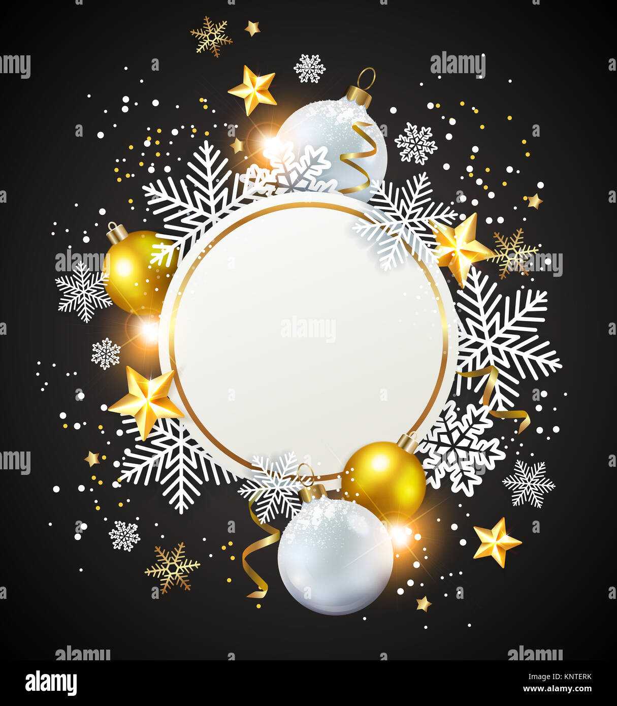 Abstract Natale round banner con i fiocchi di neve. Bianco e decorazioni dorate su uno sfondo nero. Foto Stock