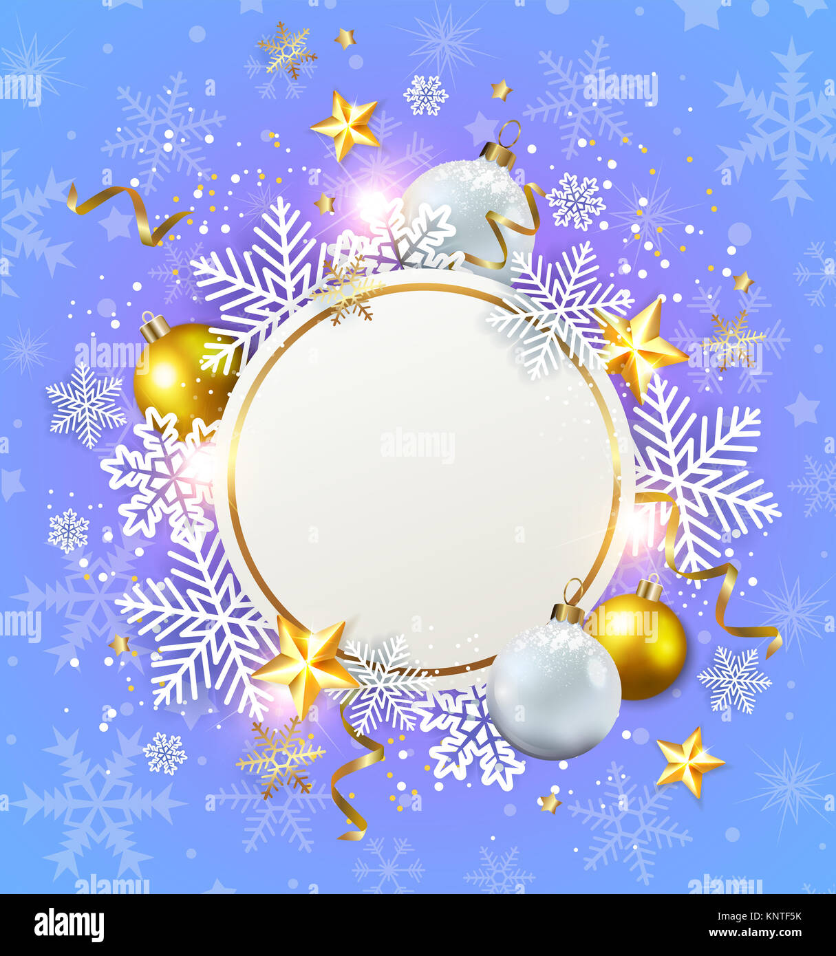 Abstract Natale round banner. Vacanze con sfondo bianco di fiocchi di neve e decorazioni dorate. Foto Stock