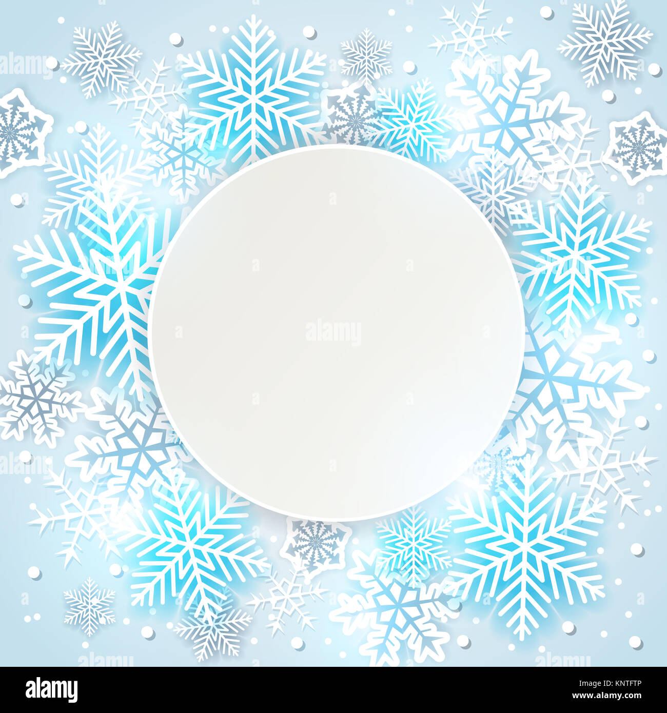 Vacanze con sfondo bianco e blu di fiocchi di neve. Abstract round banner di Natale. Foto Stock