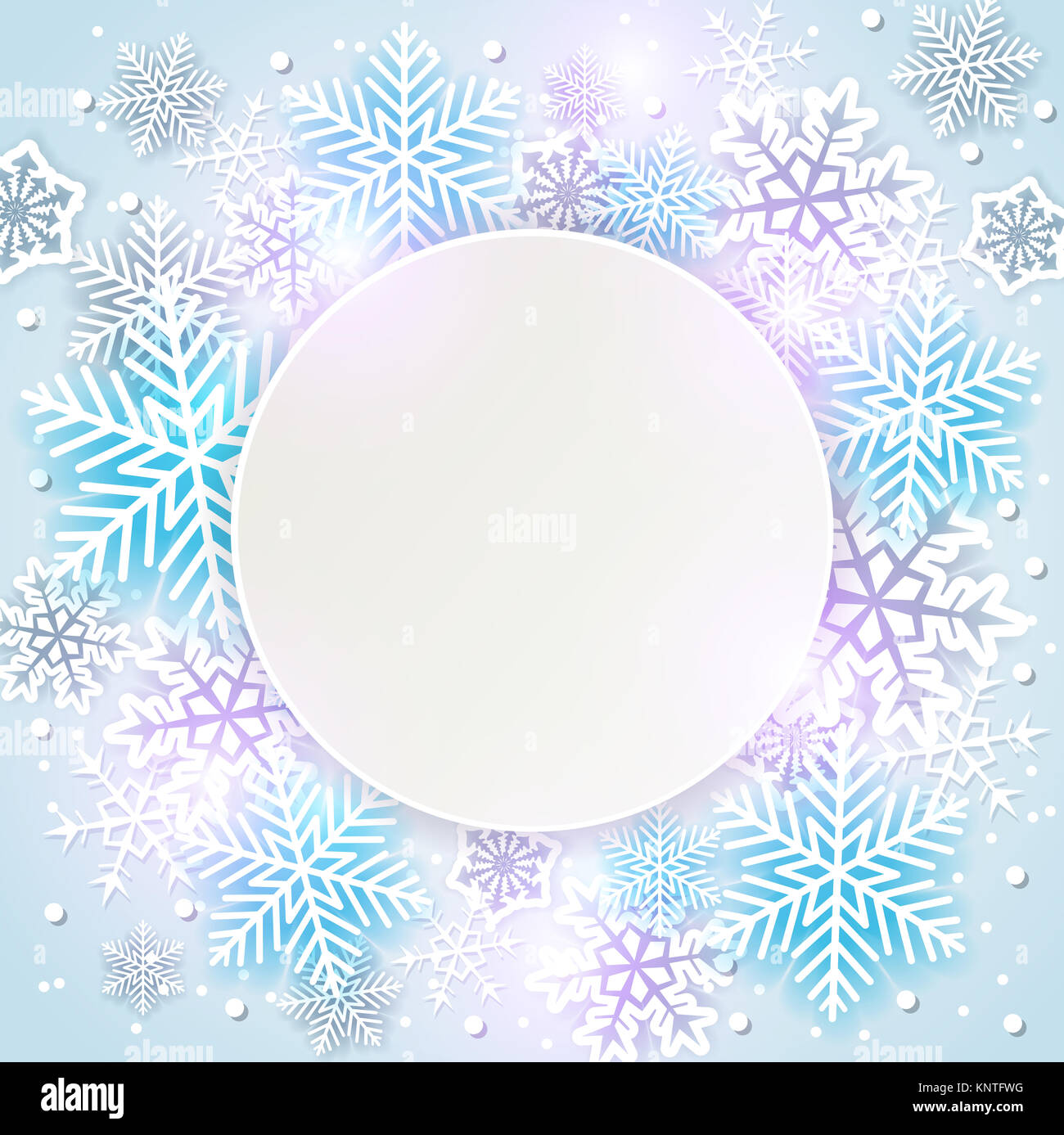 Shining vacanza con sfondo bianco e blu di fiocchi di neve. Abstract round banner di Natale. Foto Stock