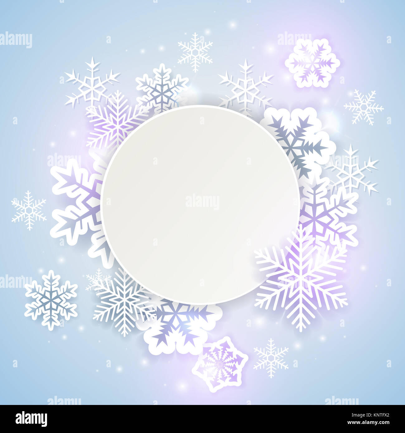 Shining holiday lo sfondo con il Libro bianco di fiocchi di neve. Abstract round banner di Natale. Foto Stock