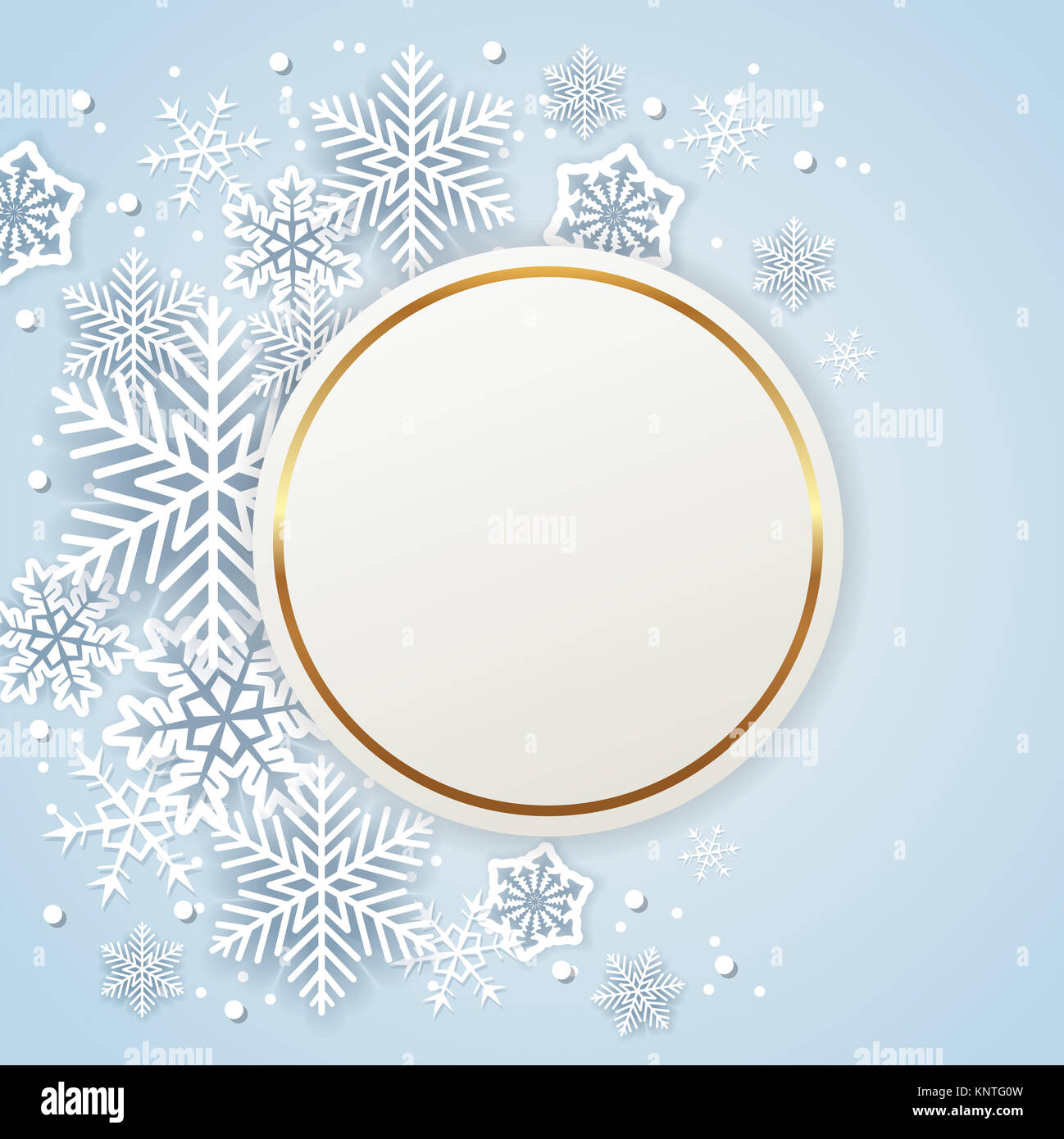 Shining golden holiday lo sfondo con il Libro bianco di fiocchi di neve. Abstract round banner di Natale. Foto Stock