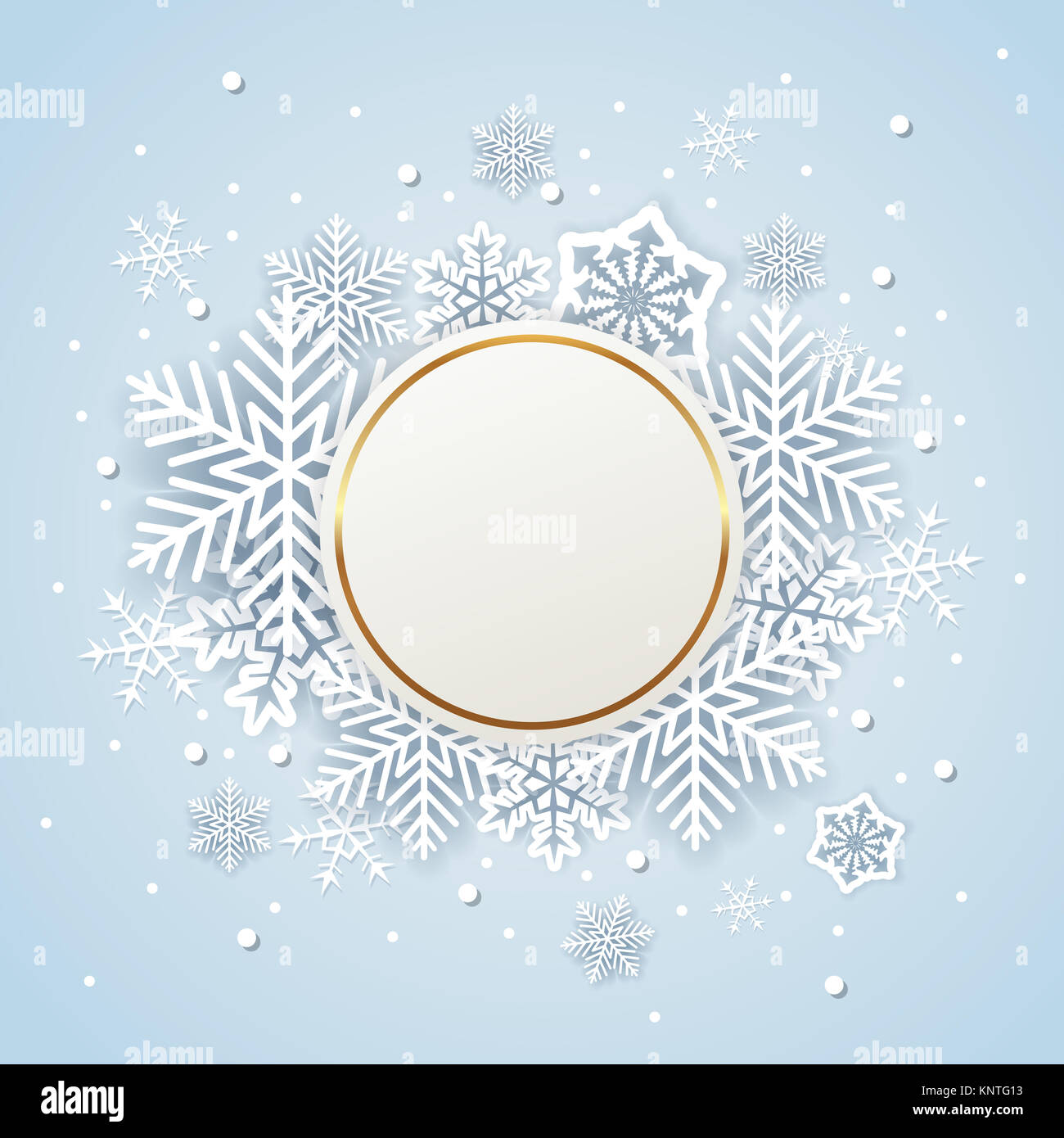 Golden holiday lo sfondo con il Libro bianco di fiocchi di neve. Abstract round banner di Natale. Foto Stock