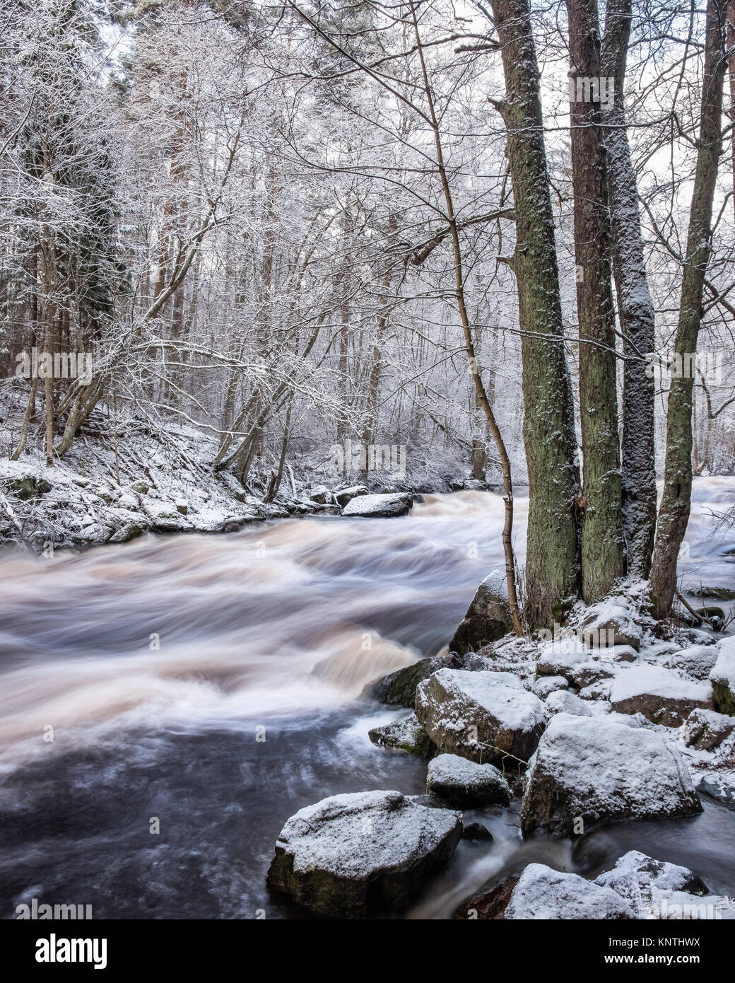 Scenic paesaggio con fiume che scorre in inverno mattina Foto Stock