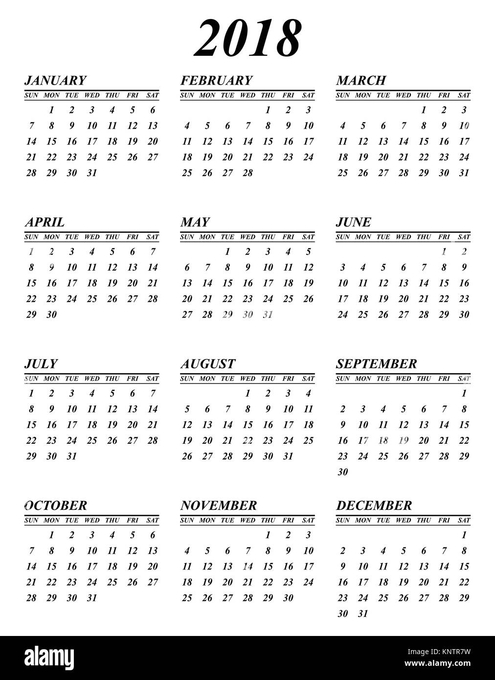 Semplice vettore modificabile il calendario per l'anno 2017 la domenica prima Illustrazione Vettoriale