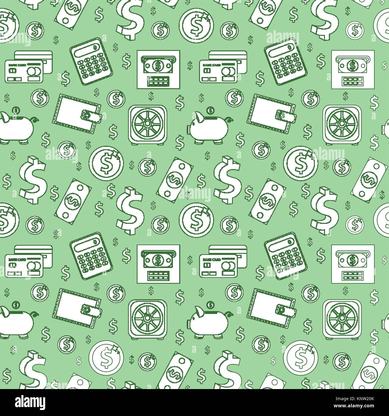 Denaro seamless pattern, lo stile della linea. Finanze sfondo infinito. Business, banca texture ripetitive con dollari, monete, gettoniera, calcolatrice. Illustrazione Vettoriale. Illustrazione Vettoriale