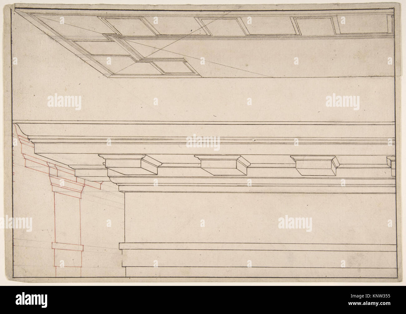 Questo studio architettonico italiano del XVII secolo presenta un disegno dettagliato di una colonna, che mostra l'attenzione dell'artista sugli elementi architettonici classici e le proporzioni. Lo studio riflette l'enfasi del periodo sulla simmetria e l'ordine nella progettazione. Foto Stock