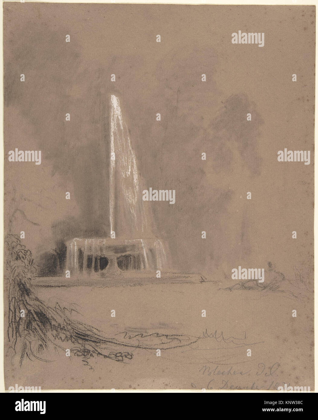 Una fontana nel Parco ha incontrato DP803692 382639 Artista: Karl Blechen, Tedesco, Cottbus 1798?1840 Berlino, una fontana nel parco, 1831, il nero e il bianco gesso e grafite, foglio: 10 13/16 x 8 5/8 in. (27,4 x 21,9 cm). Il Metropolitan Museum of Art di New York. Acquisto, lascito del W. Gedney Beatty, da Exchange 2008 (2008.266) Foto Stock