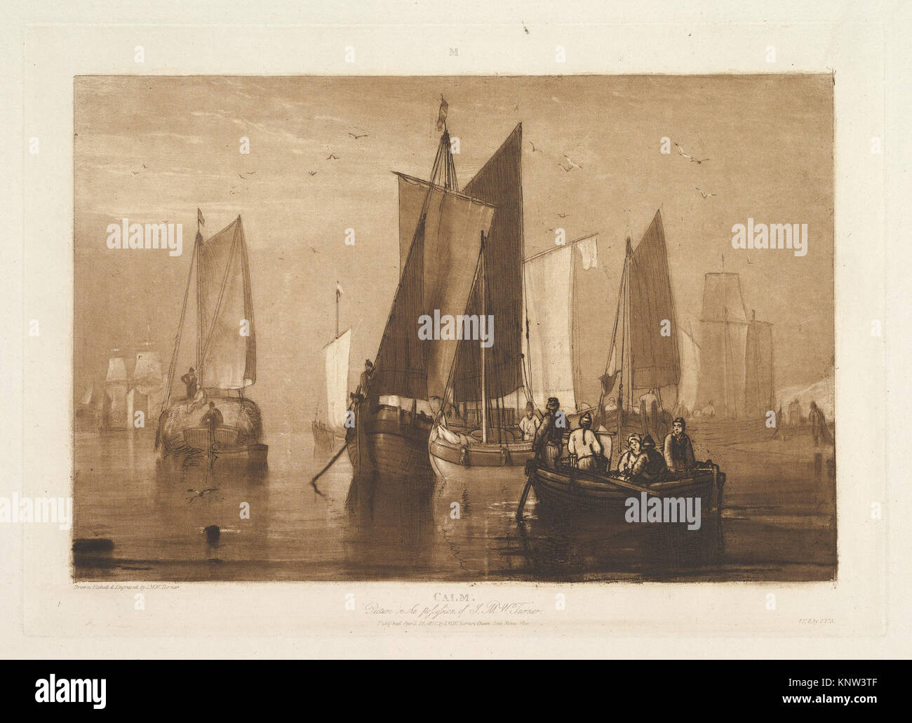 Incisione, acquatinta e mezzotinta di J.M.W. Turner, parte IX, piatto 44 del Liber Studiorum (1812), che mostra un paesaggio calmo su un foglio di 21,6 x 30,5 cm, parte della collezione Metropolitan Museum of Art. Foto Stock