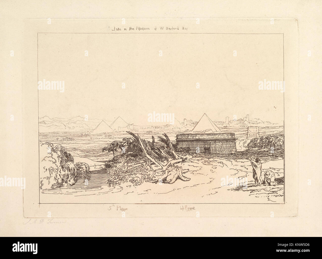 Quinta piaga di Egitto (Liber Studiorum, parte III, la piastra 16) SODDISFATTE DP821380 382981 Artista: progettato e inciso da Joseph Mallord William Turner, britannico, Londra 1775?1851 Londra, Quinta piaga di Egitto (Liber Studiorum, parte III, la piastra 16), 1808, attacco solo; prima del primo stato di tre, Piastra: 7 x 10 in. (17,8 x 25,4 cm) foglio: 8 1/8 x 25 in. (20,6 x 63,5 cm). Il Metropolitan Museum of Art di New York. La Elisha Whittelsey Collection, l'Eliseo Fondo Whittelsey, 1954 (54.539.7) Foto Stock