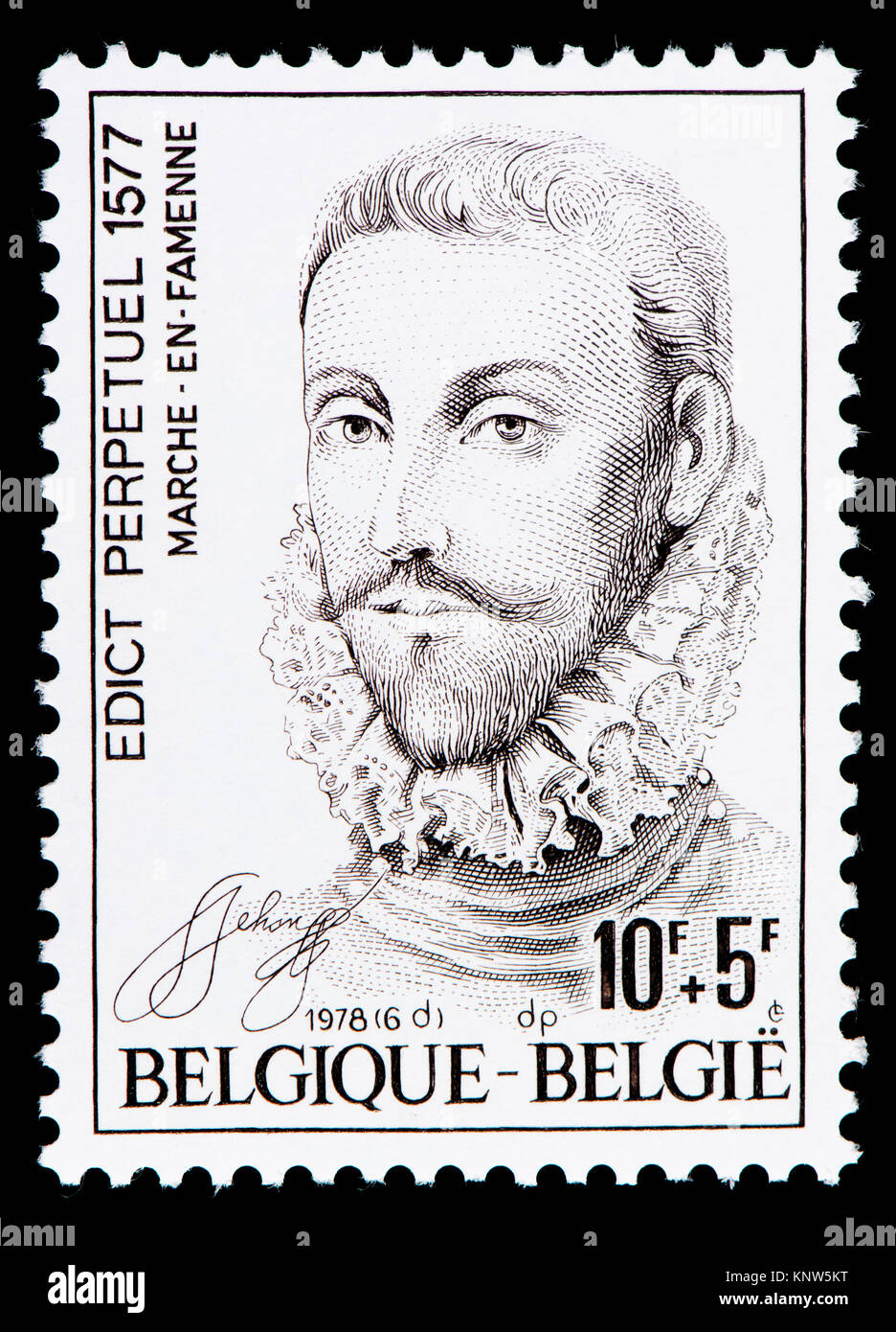 Belga di francobollo (1978) : commemorazione dell'Editto Perpetuel 1577 - firmato da Don Giovanni d'Austria (Don Juan de Austria) rimuovendo le forze spagnole Foto Stock