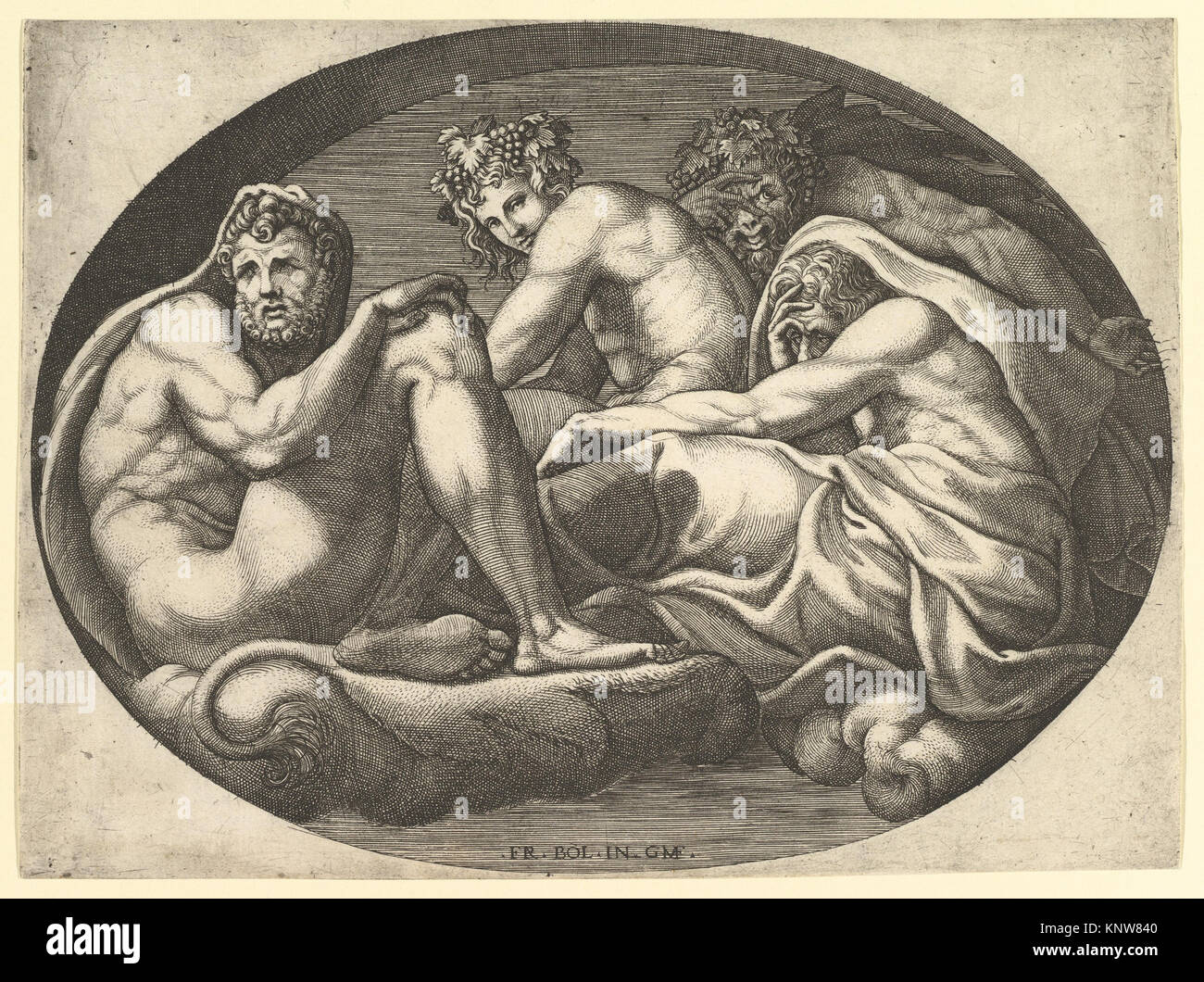 Hercules, Bacco, Pan e Saturno, da una serie di otto composizioni dopo Francesco Primaticcio i progetti per il soffitto della galleria di Ulisse (distrutto 1738-39) a Fontainebleau ha incontrato DP821342 367560 Foto Stock