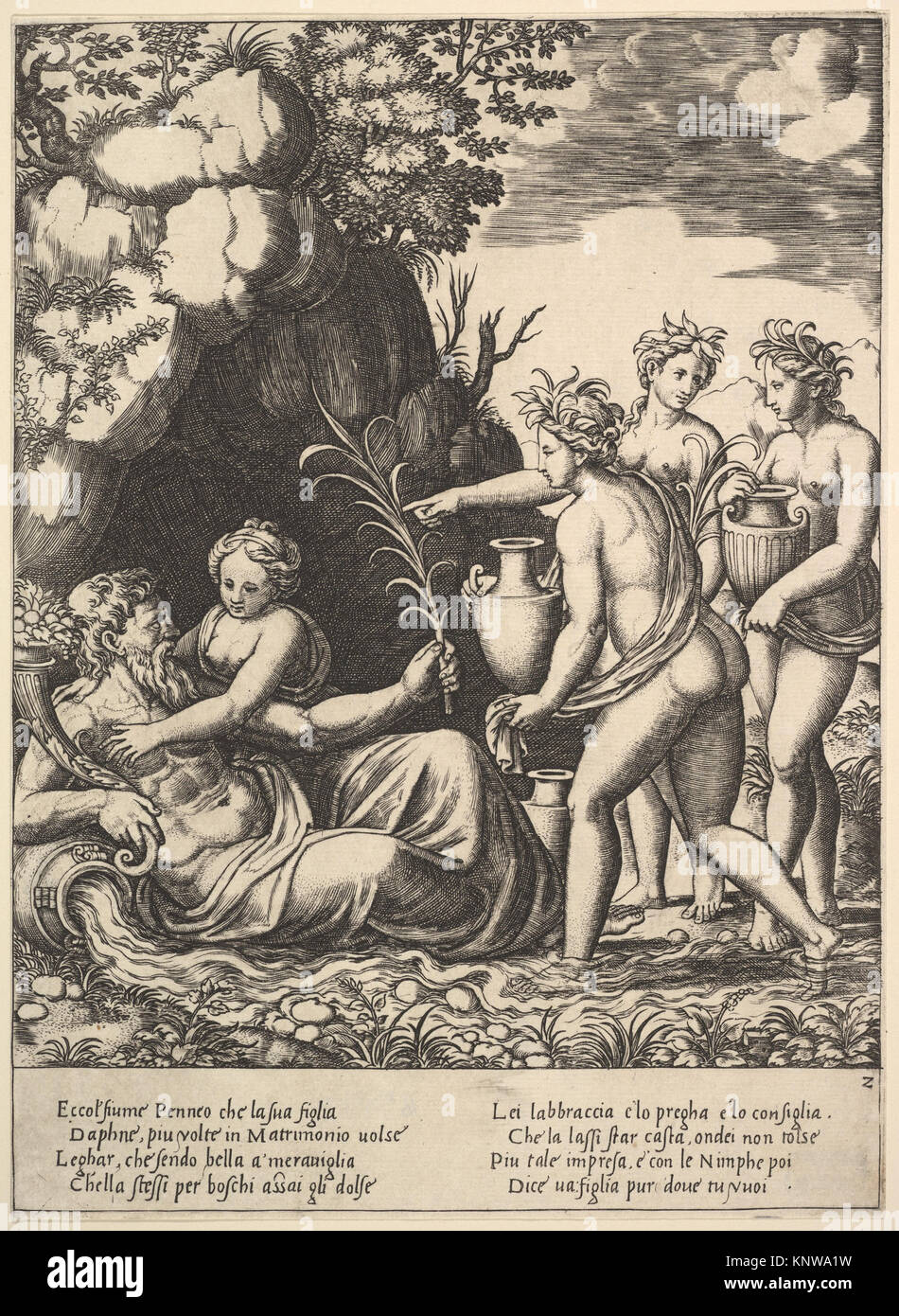 Daphne abbracciando il suo padre, il fiume-dio Peneus, a sinistra tre ninfe di portare i vasetti dal 'Storia di Apollo e Dafne' INCONTRATO DP824403 364036 Foto Stock