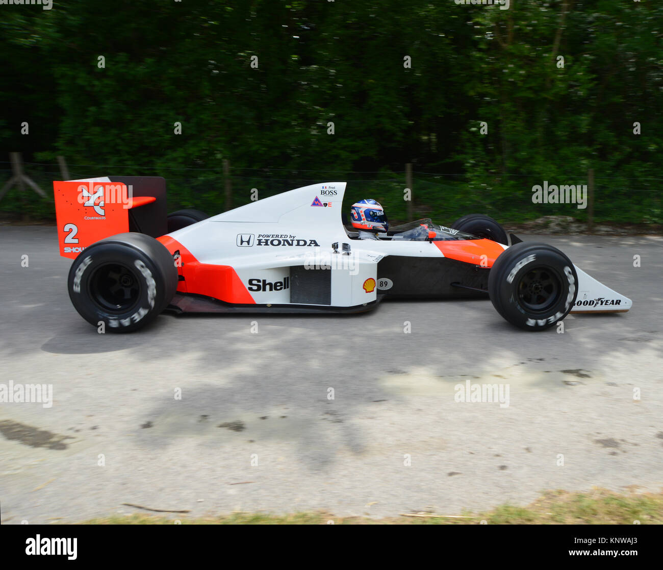 Jenson Button, Chris Goodwin, McLaren-Honda MP4/5, 1989, Goodwood FoS 2015, 2015, classic, intrattenimento, intrepido, Festival della velocità, flat out, Fos, Foto Stock