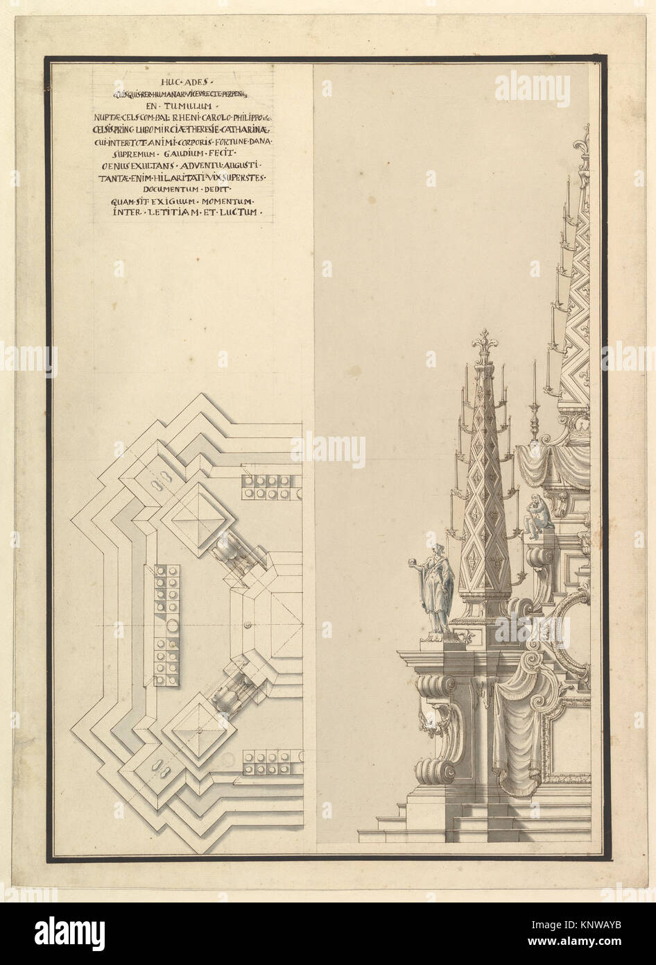 Design per mezzo di elevazione e metà piano terreno di una Catafalque per la contessa Palatino del Reno, Theresia Catharine, moglie del Conte Palatino Carlo Filippo III (1716-1742). Incontrato DP820195 344512 Foto Stock