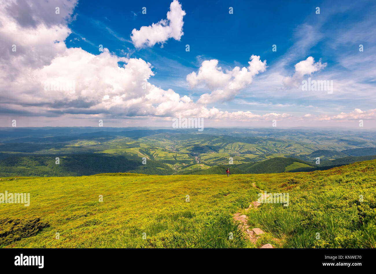 Percorso di avvolgimento attraverso grandi prati sul pendio della montagna dei Carpazi ridge Foto Stock