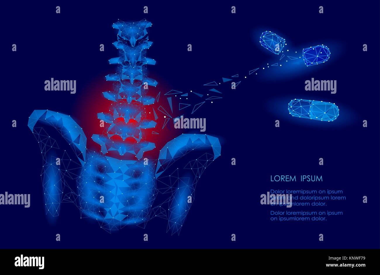 Colonna vertebrale umana hip radiculitis lombare dolore bassa poli. Geometrica delle particelle poligonali triangolo linea punto la medicina del futuro della tecnologia Blu rosso area dolorosa illustrazione vettoriale Illustrazione Vettoriale