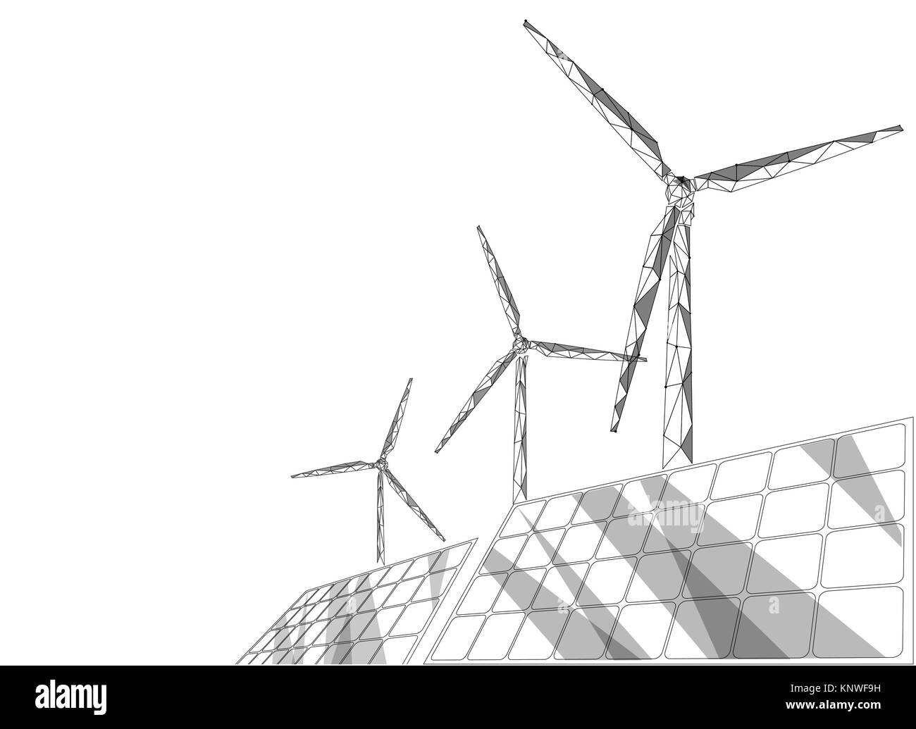 Pannelli solari mulini a vento turbina generando elettricità. Green ecologia ambiente risparmio. Fonti di energia rinnovabile a bassa poli geonetric poligonale astratto bianco grigio cielo design illustrazione vettoriale Illustrazione Vettoriale