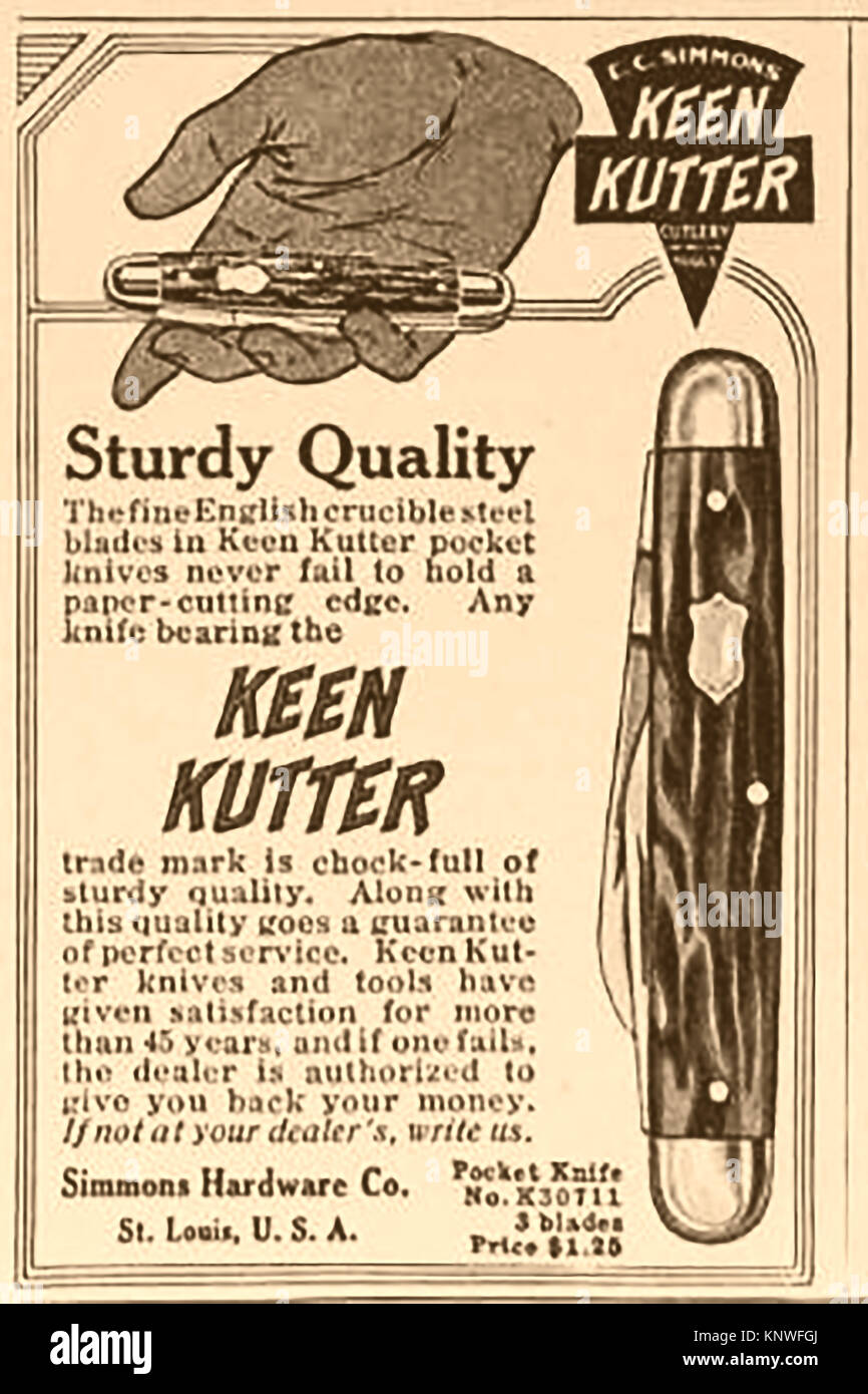 Un 1914 annuncio per il 'Keen Kutter" coltello da tasca venduto da Simmons Hardware Co. St Louis USA e fabbricati da acciaio inglese di Simmons società di hardware, St Louis, Stati Uniti d'America. - Da una rivista americana - Foto Stock