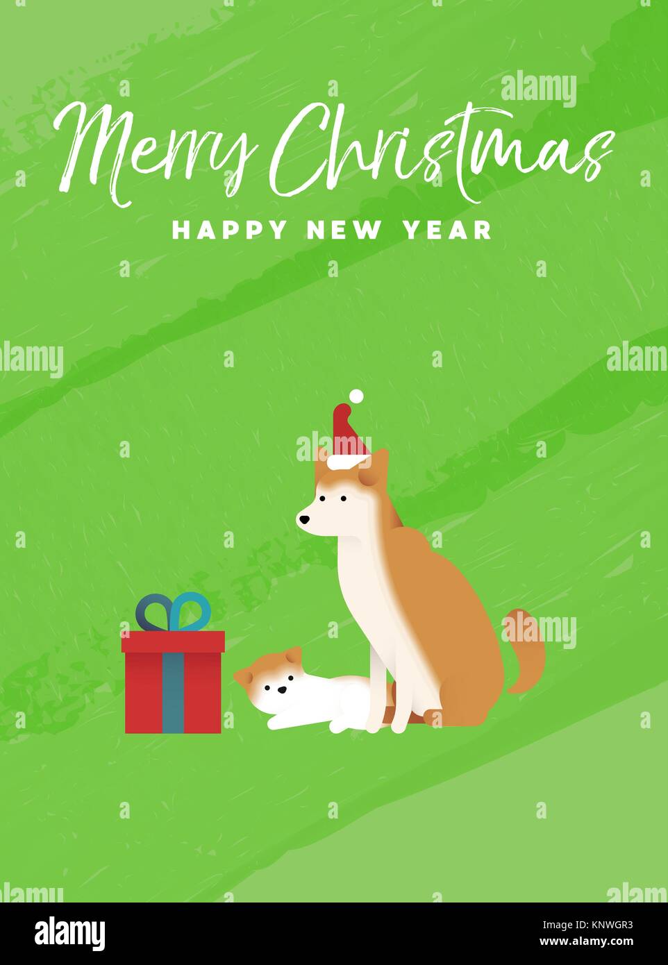 Buon Natale e Felice Anno Nuovo messaggio di saluto festivo illustrazione della scheda. Shiba Inu cane cucciolo e sulle texture colorato sfondo. EPS10 vettore. Illustrazione Vettoriale