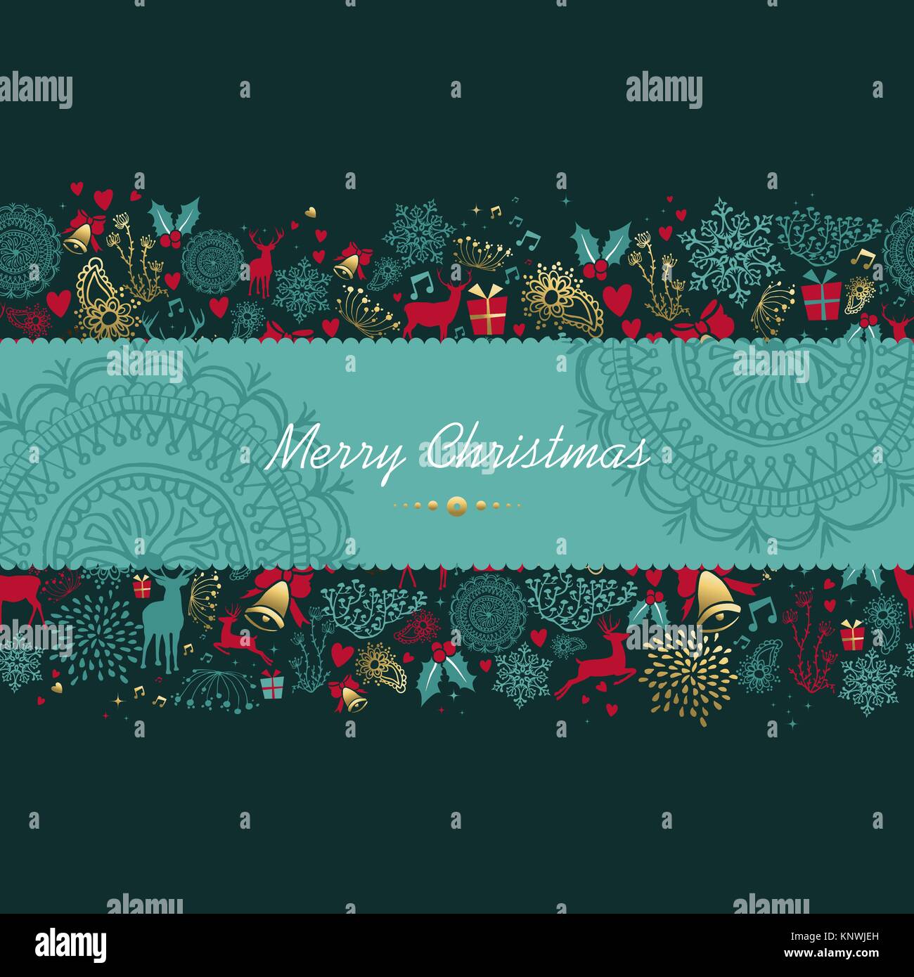 Buon Natale vintage golden seamless sfondo pattern con i cervi ed elementi per le vacanze. Ideale per eleganti xmas greeting card. EPS10 vettore. Illustrazione Vettoriale