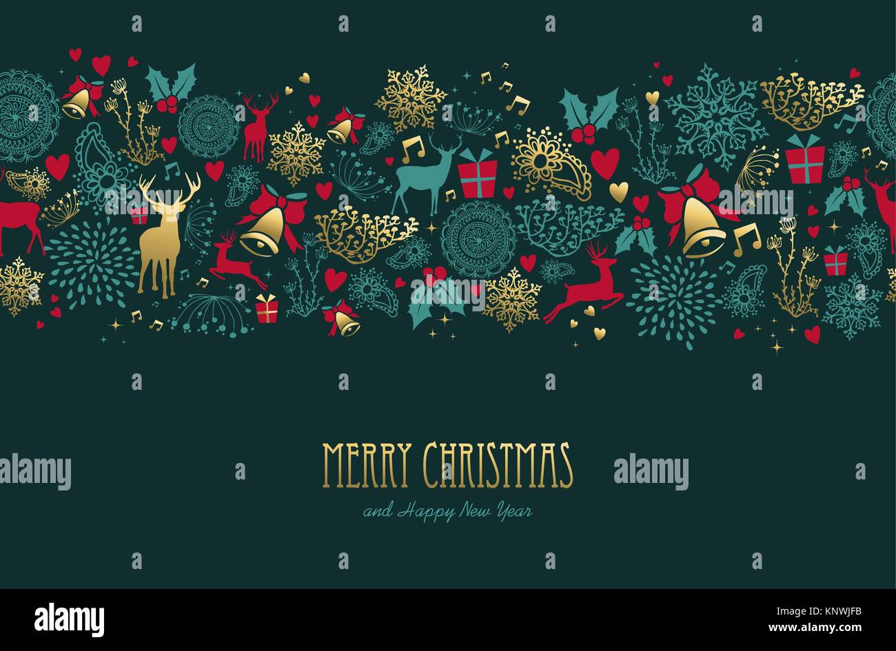 Auguri di Buon Natale felice anno nuovo vintage golden seamless sfondo pattern con i cervi ed elementi per le vacanze. Ideale per eleganti xmas greeting card. EPS10 Illustrazione Vettoriale