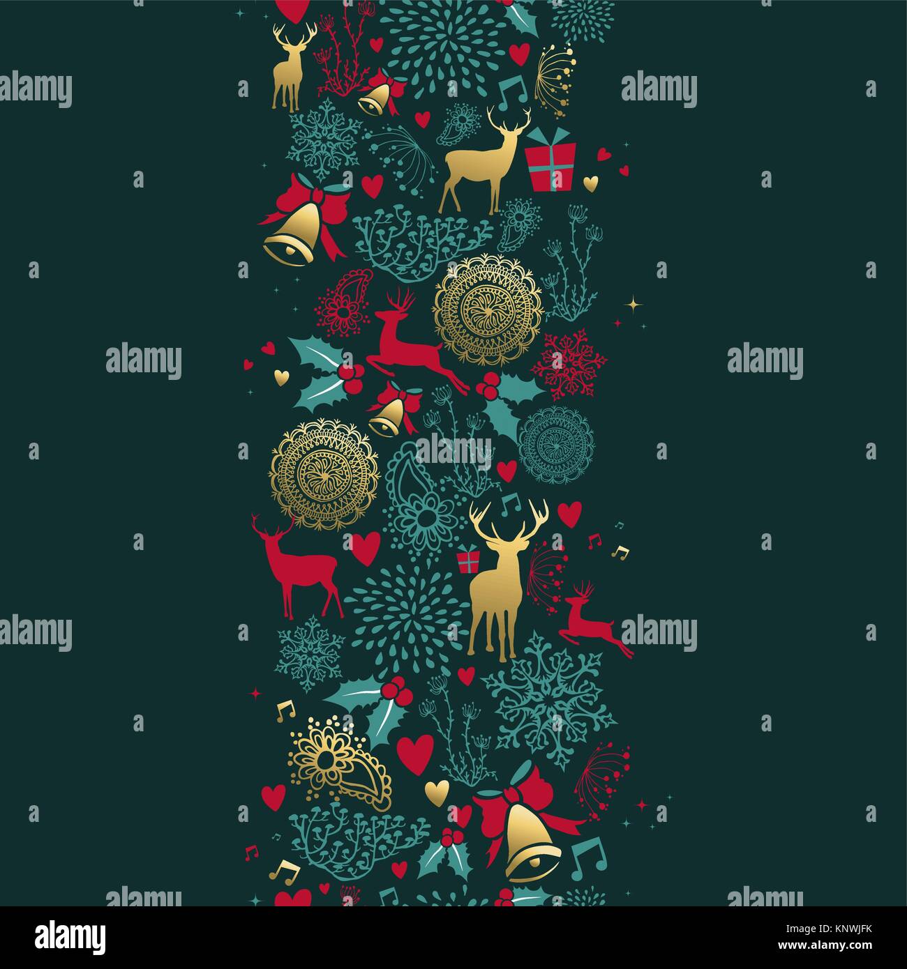 Buon Natale seamless pattern con l'oro di cervi e decorazione vintage per la stagione di vacanze sfondo. EPS10 vettore. Illustrazione Vettoriale