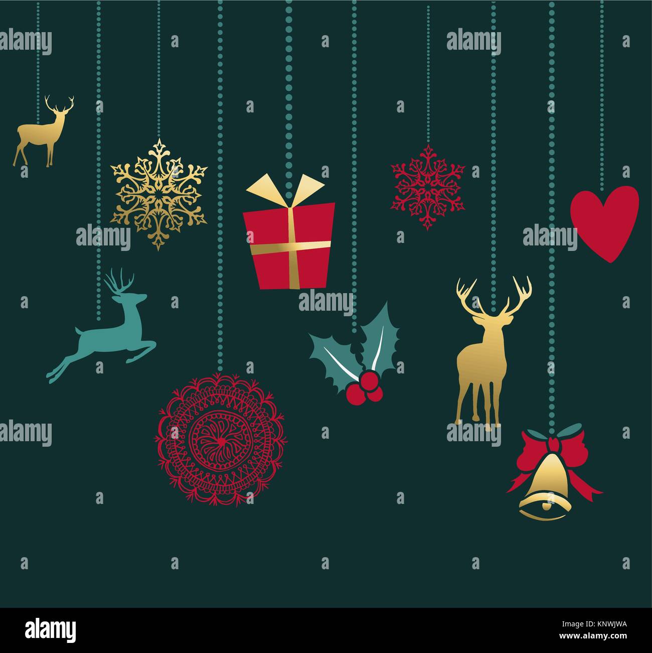 Vacanze oro appeso vintage decorazione con le renne, neve, cuore e holly elementi. Ideale per Natale biglietto di auguri, Natale poster o web. EPS10 ve Illustrazione Vettoriale