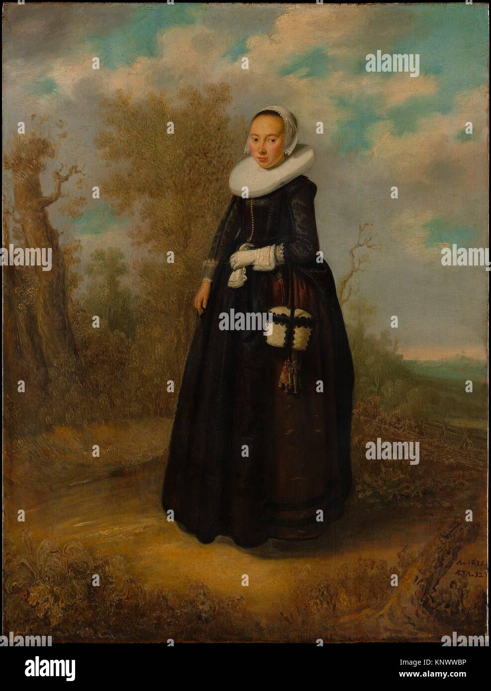 Una giovane donna in un paesaggio. Artista: pittore olandese (datata 1636); medie: Olio su legno; Dimensioni: 26 x 19 7/8 in. (66 x 50,5 cm); classificazione: Foto Stock