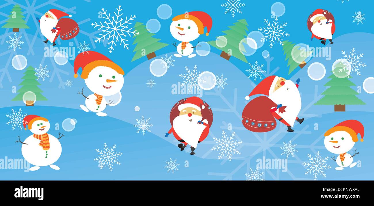 Scheda di Natale con Babbo Natale e pupazzo di neve. Babbo Natale e un pupazzo di neve venite con doni. Illustrazione Vettoriale