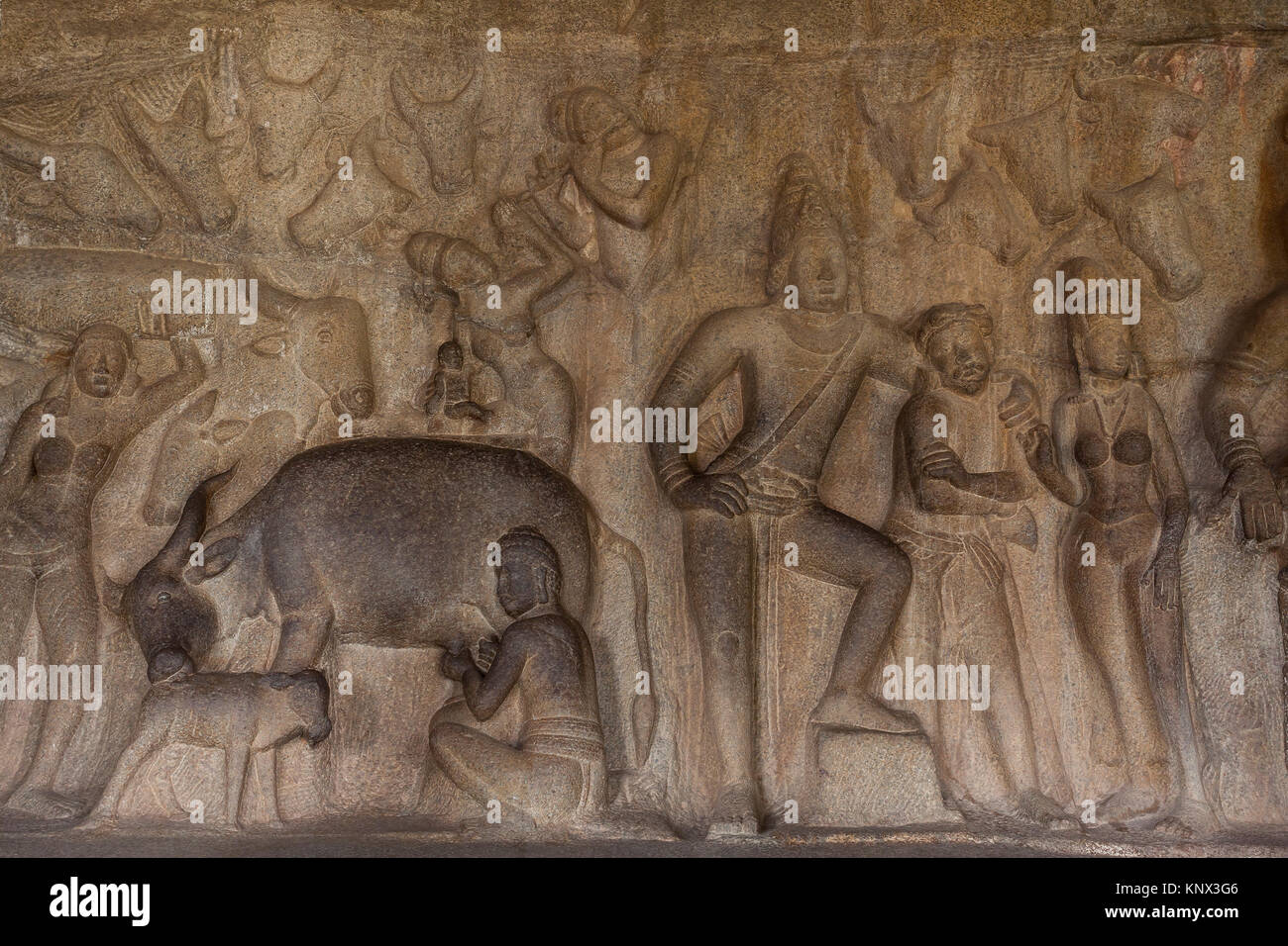 Asia, India, nello Stato del Tamil Nadu, Mamallapuram, Krishna tempio nella grotta Foto Stock