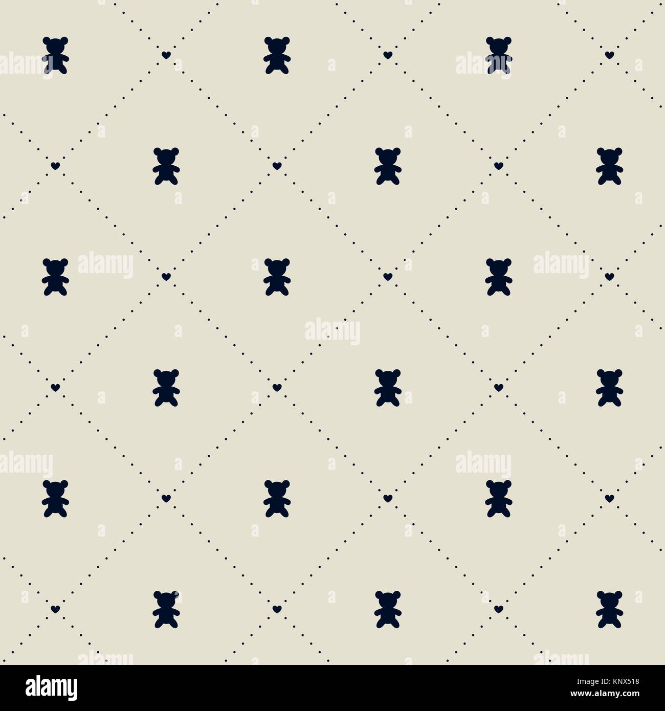 Vettore di Seamless pattern con cuori linee tratteggiate e orsacchiotti Illustrazione Vettoriale