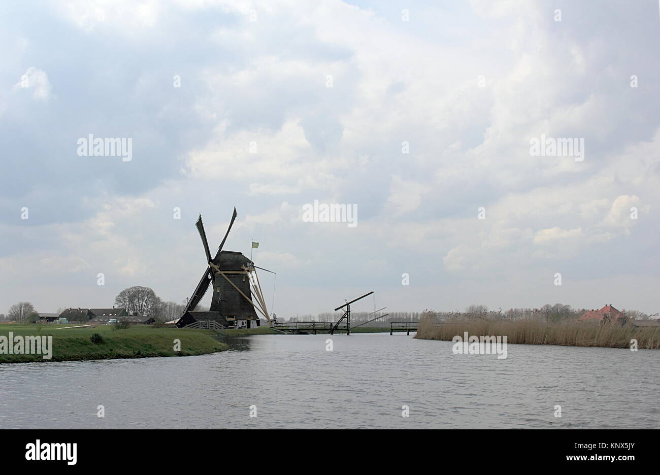 Molla di rustico paesaggio con mulino a vento olandese vicino al canale per acqua Foto Stock
