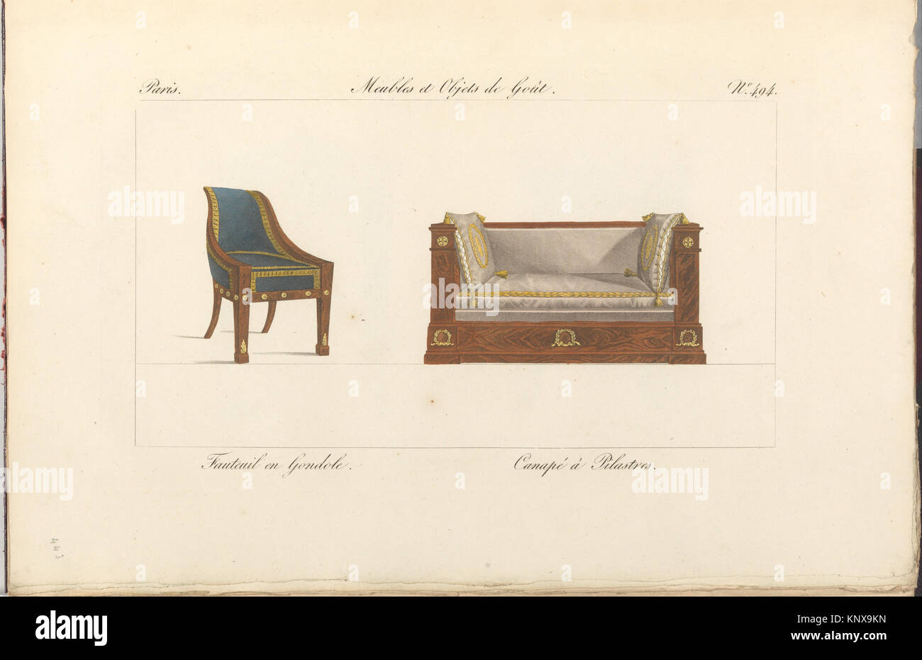 Volume francese 2 di "Collection de Meubles et Objets de Goût", a cura di Pierre de la Mésangère, con incisioni colorate a mano di mobili e oggetti decorativi dell'inizio del XIX secolo di Parigi. Foto Stock