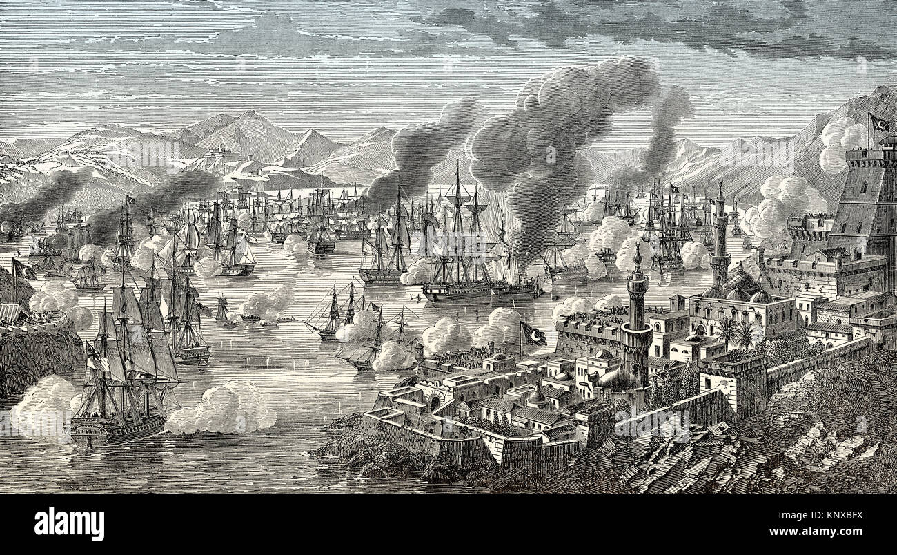 La battaglia di Navarino il 20 ottobre 1827, durante la guerra greca di indipendenza Foto Stock