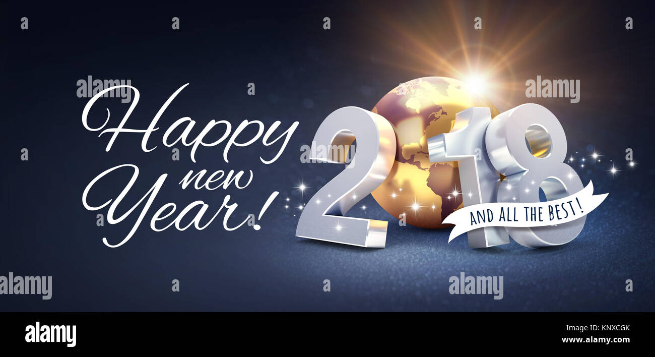 Nuova data dell'anno 2018 composta con un Golden Planet Earth e saluti, su una festosa sfondo nero - 3D illustrazione Foto Stock