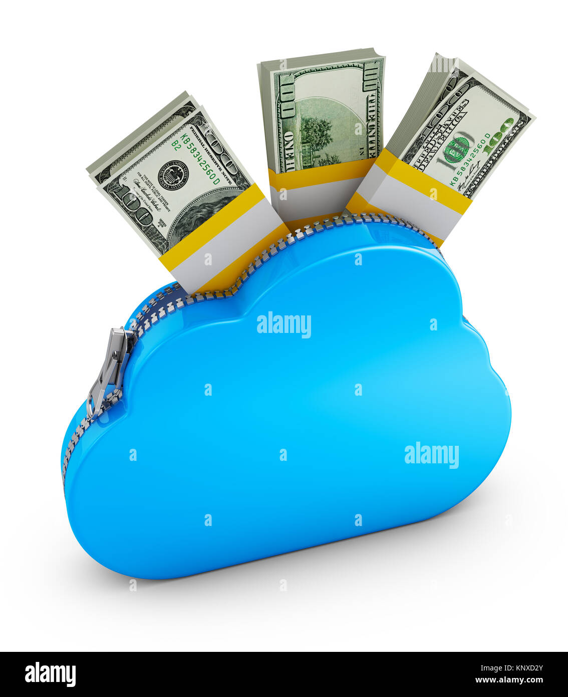 Cloud con cerniera lampo e il pacco di dollari. Il rendering 3d. Foto Stock