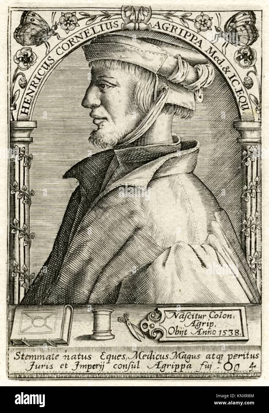 Henricus Cornelius Agrippa Med. & IC. EQU. Stemmate natus Eques, Medicus Magus atqy Furis peritus et Imperij. Console Agrippa fuj. 1538 incisione di Heinrich Cornelius Agrippa (1486-1535) Tedesco occultista e autore di tre libri riguardanti la filosofia occulta (de Occulta Philosophia libri III). Foto Stock