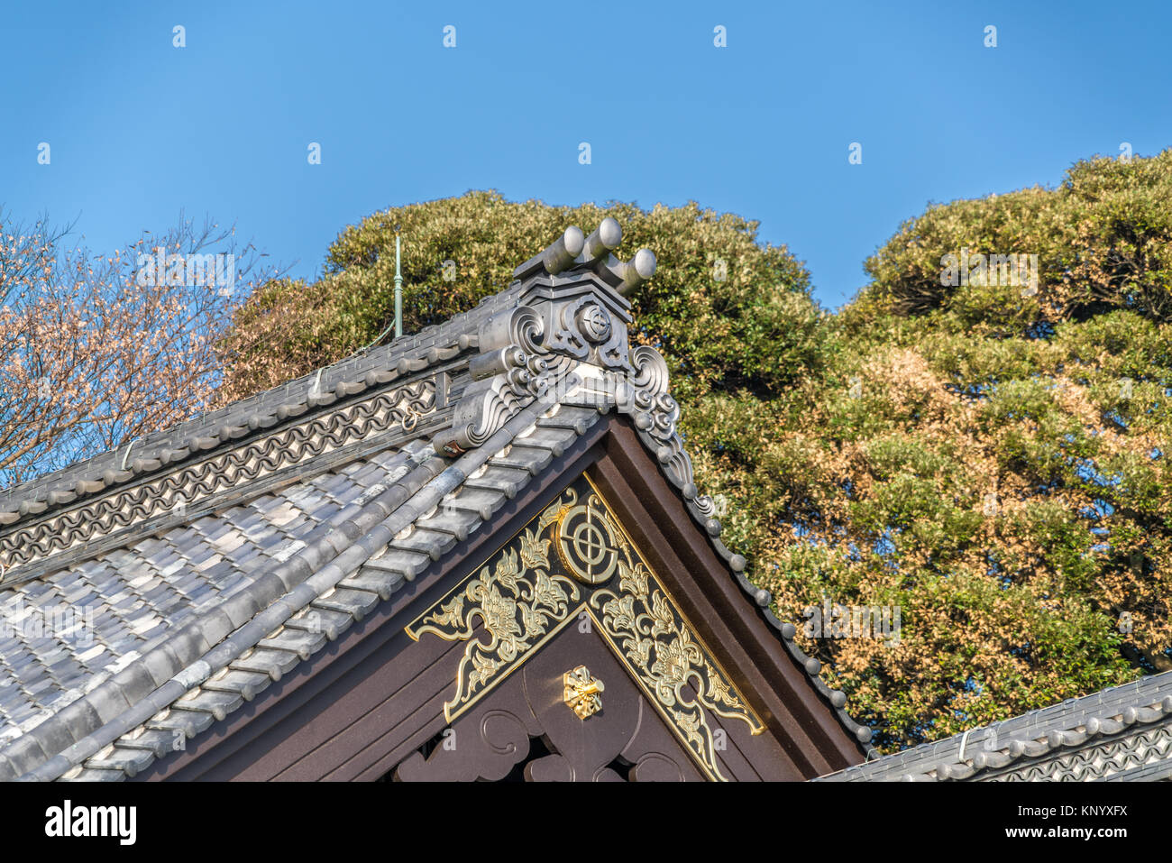 Stile Ayasuji Shishiguchi, Gegyo (gable ciondolo), Kazari-Kanagu (ornamenti di metallo) e Rokuyou colmo del tetto particolare di Haze-dera o Tempio Hase Kannon-tem Foto Stock